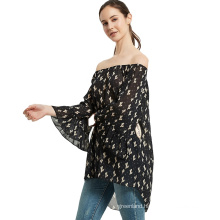 loose fit women off-the shoulder chiffon blouse cactus print lovely elastic neck blouse with bell sleeves recycled women wear